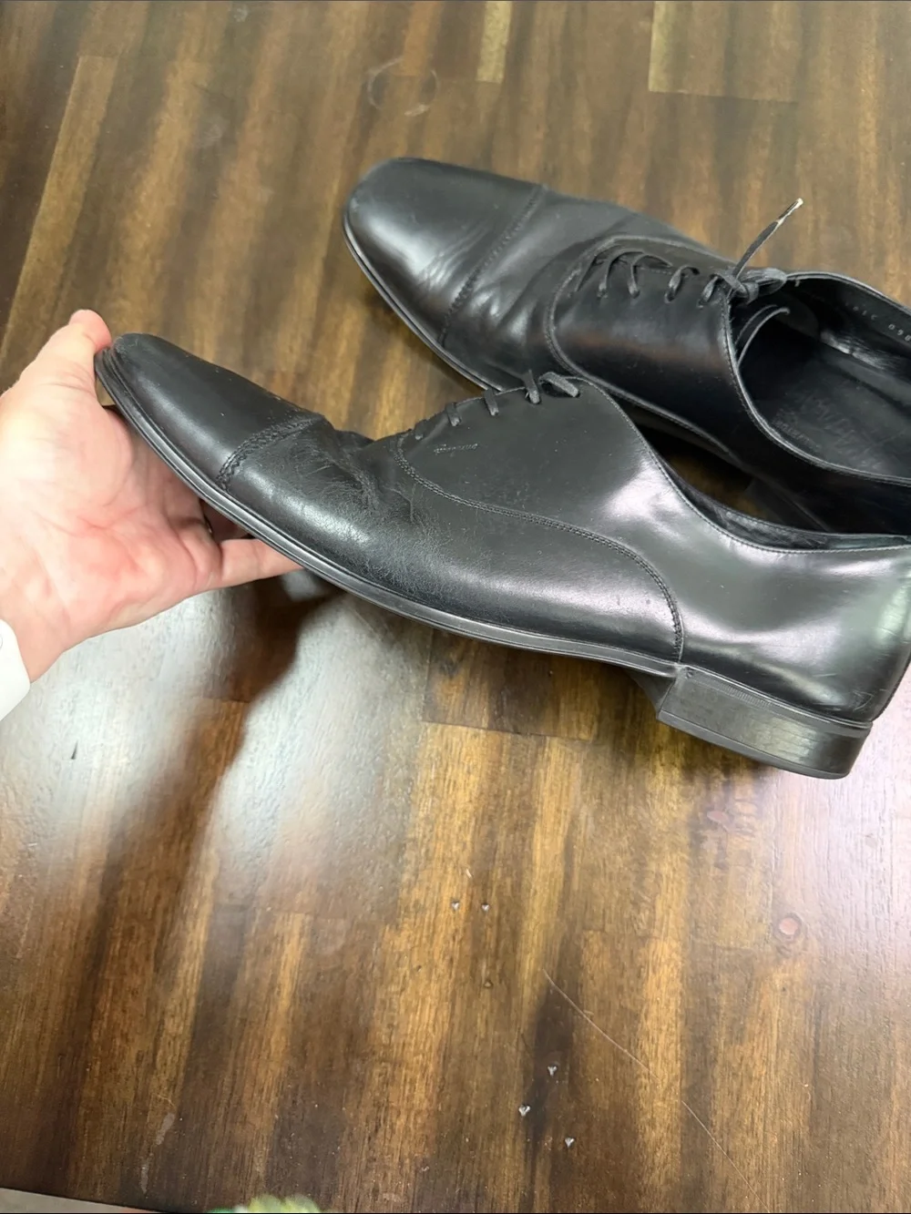 Salvatore Ferragamo Black Leather Cap-Toe Derby Oxfords